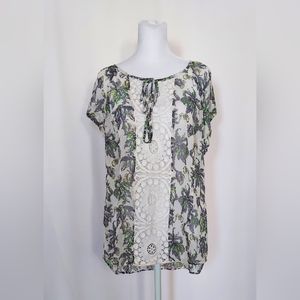 Daniel Rainn Cap Sleeve Semi Sheer Crochet Panel Blouse Top Size Medium Floral